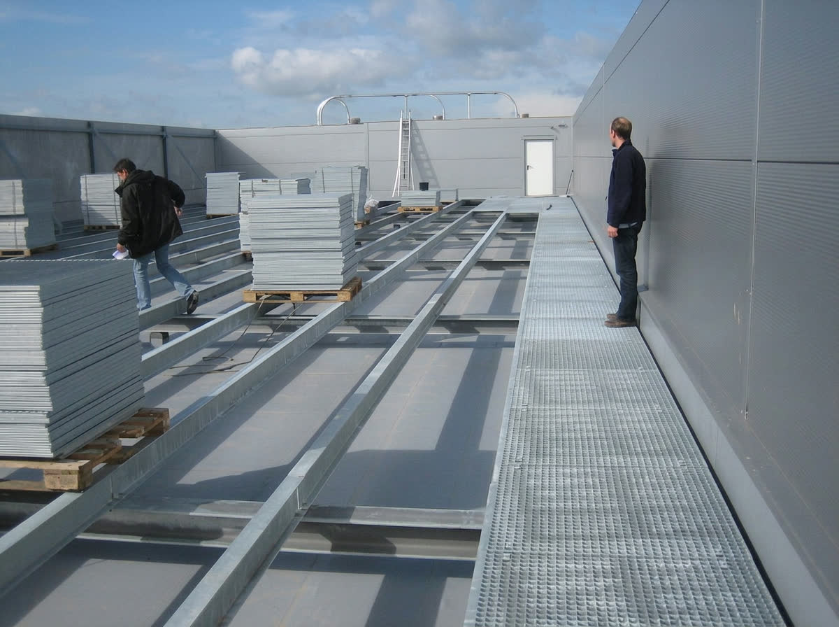 Werfleiders op het dak van een industriehal tijdens de plaatsing van dakpanelen en roosterpaden
